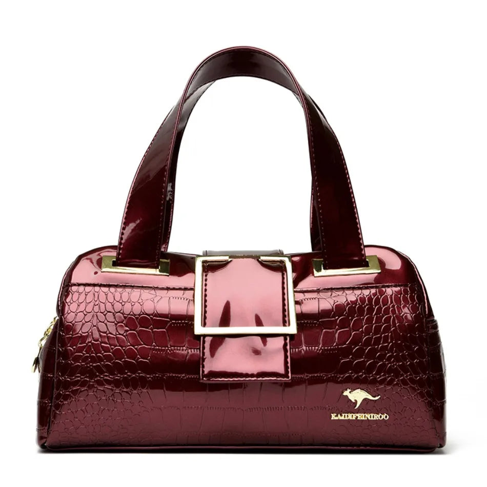 Croco 3 Silindir El Çantası | Parlak Kroko Desenli Geniş Model