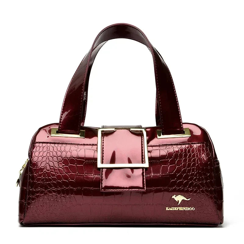 Croco 3 Silindir El Çantası | Parlak Kroko Desenli Geniş Model