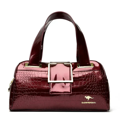 Croco 3 Silindir El Çantası | Parlak Kroko Desenli Geniş Model